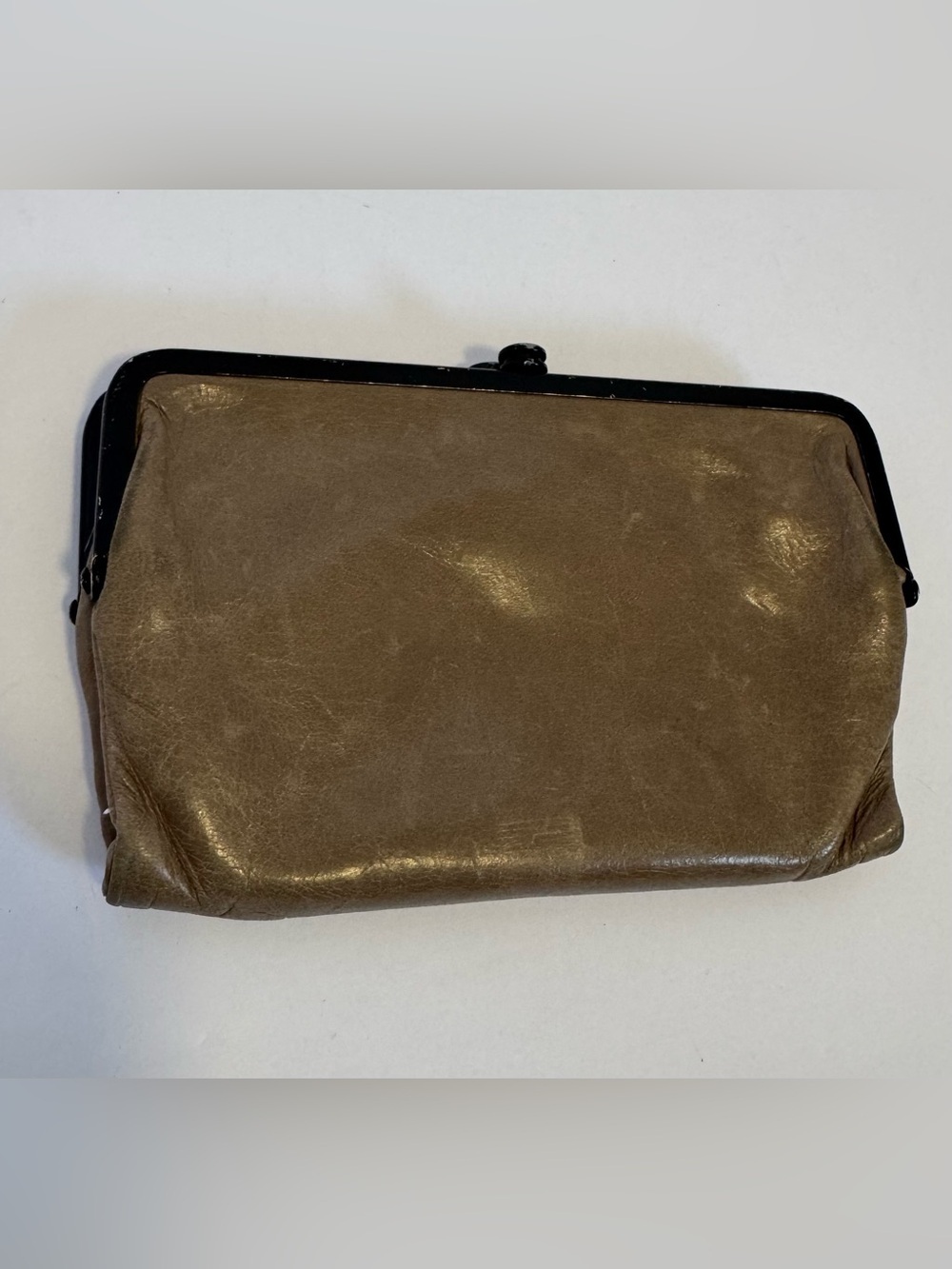 HOBO Lauren Leather Clutch Wallet Double Kiss Lock Vintage Patina Taupe